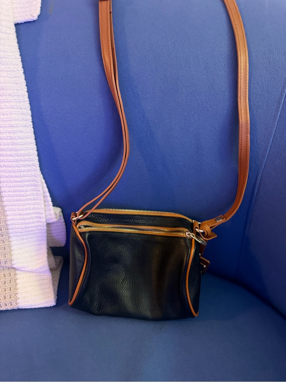 Classic Black Crossbody Bag with Tan Trim